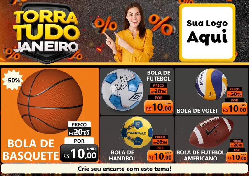 Modelo de Encarte para Encarte A4 Horizontal com o tema Torra Tudo Janeiro para Artigos Esportivos