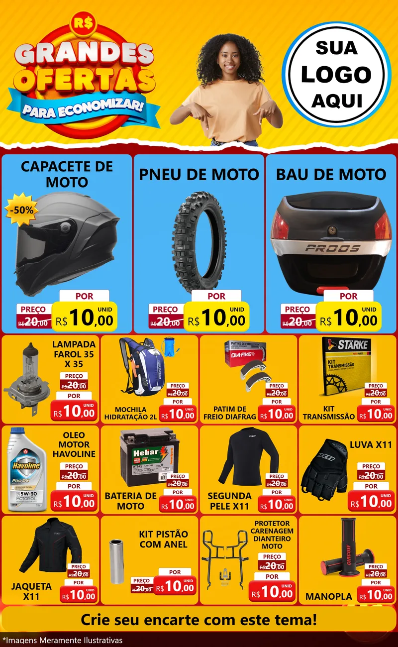Modelo de Encarte para Encarte Grande com o tema Grandes Ofertas Para Economizar! para Moto peças