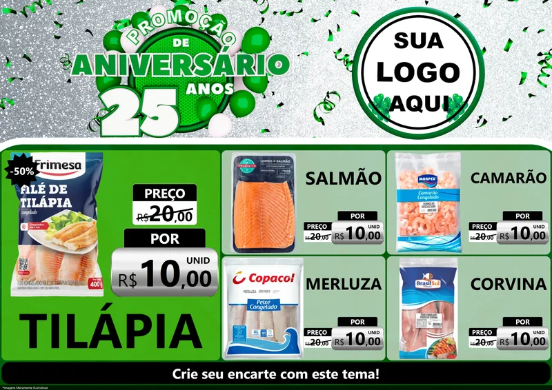 Modelo de Encarte para Encarte A4 Horizontal com o tema Promoção de Aniversário - 25 Anos para Peixaria