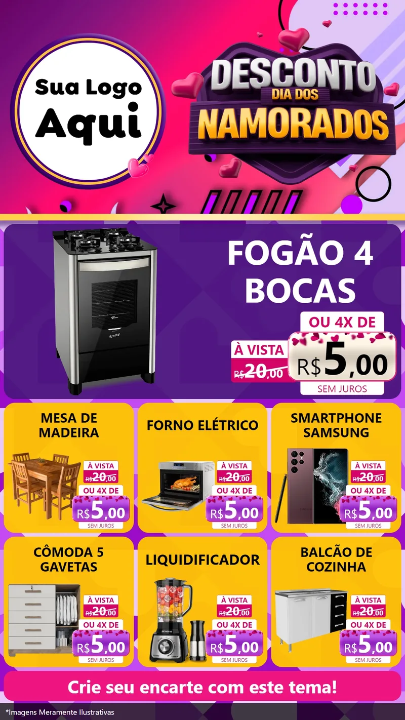 Modelo de Rede Social para Stories com o tema Desconto Dia dos Namorados para Móveis e Eletro