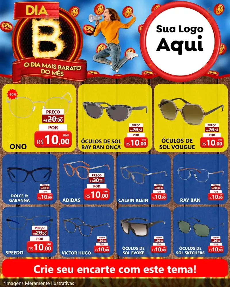 Modelo de Rede Social para Feed Instagram com o tema Dia B - O Dia Mais Barato Do Mês para Óticas
