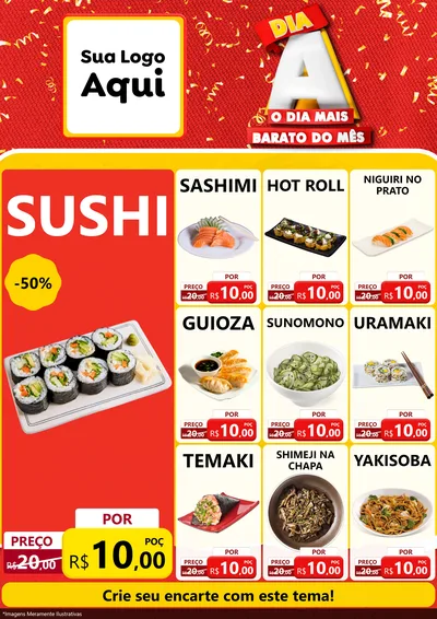 Modelo de Encarte para Encarte A4 Vertical com o tema Dia A o Dia Mais Barato do Mês para Comida japonesa