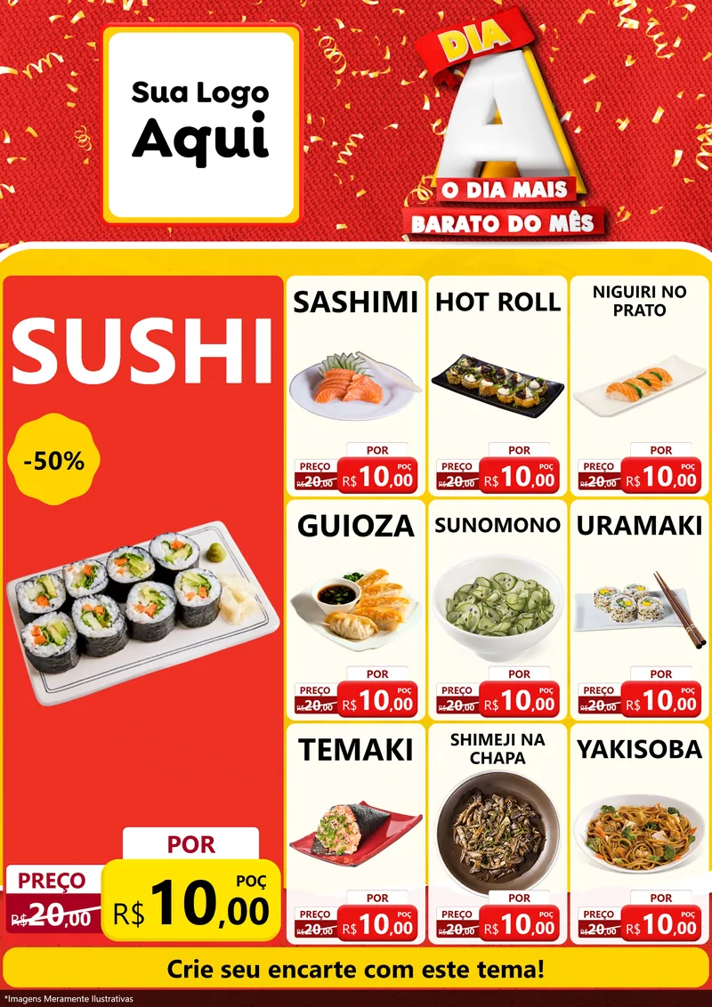 Modelo de Encarte para Encarte A4 Vertical com o tema Dia A o Dia Mais Barato do Mês para Comida japonesa