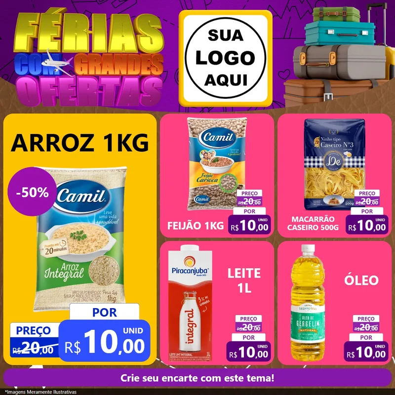 Modelo de Rede Social para Feed Facebook com o tema Férias com Grandes Ofertas para Supermercado