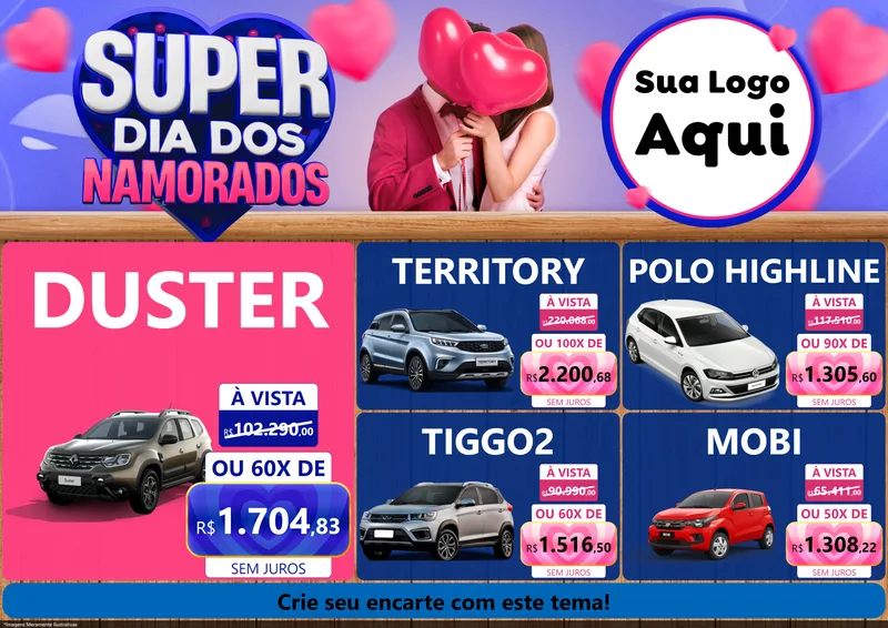 Modelo de Encarte para Encarte A4 Horizontal com o tema Super Dia dos Namorados para Concessionaria de Carros