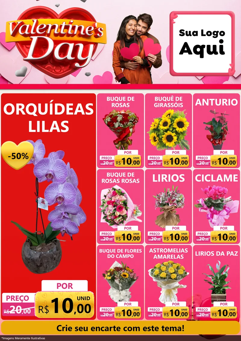 Modelo de Encarte para Encarte A4 Vertical com o tema Valentine's Day para Floricultura e jardim