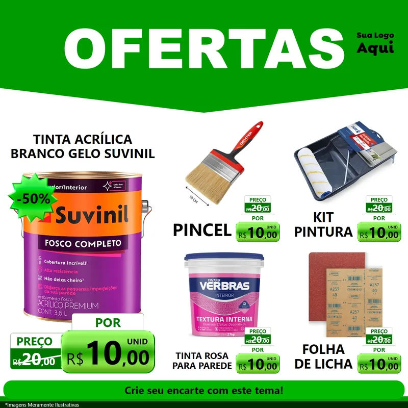 Modelo de Rede Social para Feed Facebook com o tema Ofertas Verde Cartaz para Tintas e Ferramentas