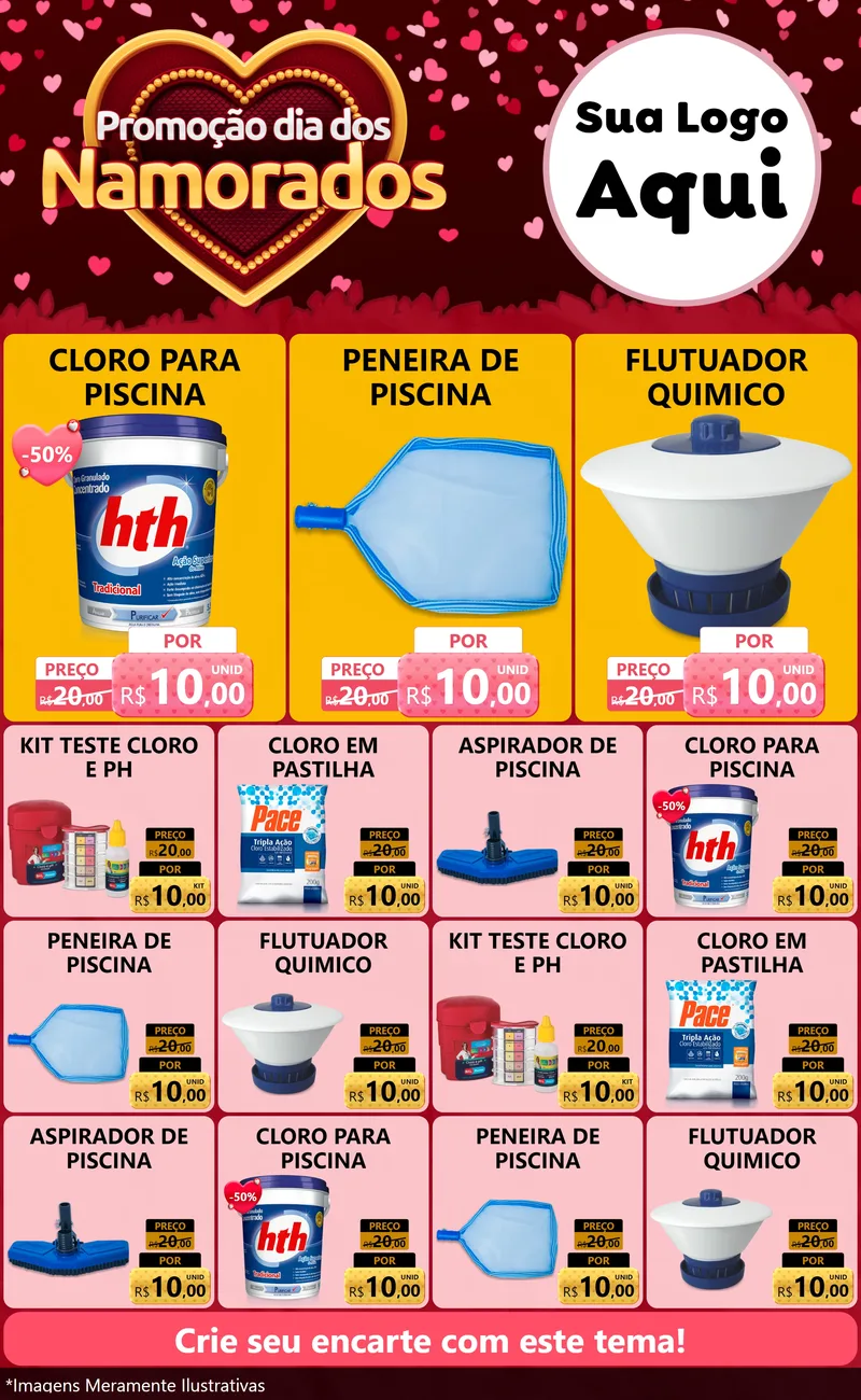 Modelo de Encarte para Encarte Grande com o tema Promoção Dia Dos Namorados para Produtos para Piscina
