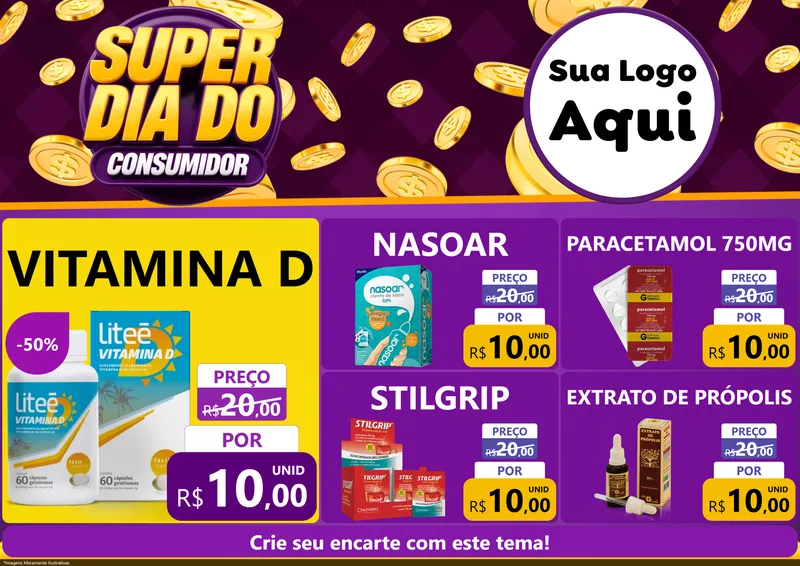 Modelo de Encarte para Encarte A4 Horizontal com o tema Super Dia do Consumidor para Farmácia