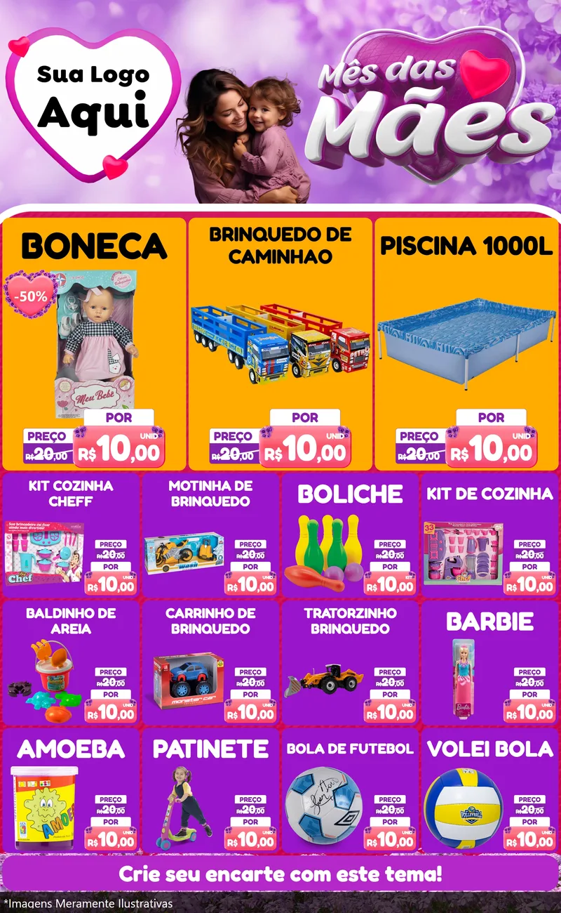 Modelo de Encarte para Encarte Grande com o tema Mês das Mães para Brinquedos