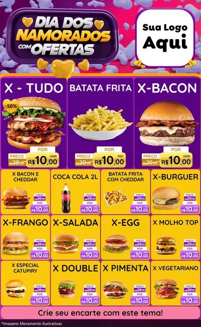 Modelo de Encarte para Encarte Grande com o tema Dia Dos Namorados Com Ofertas para Hamburgueria