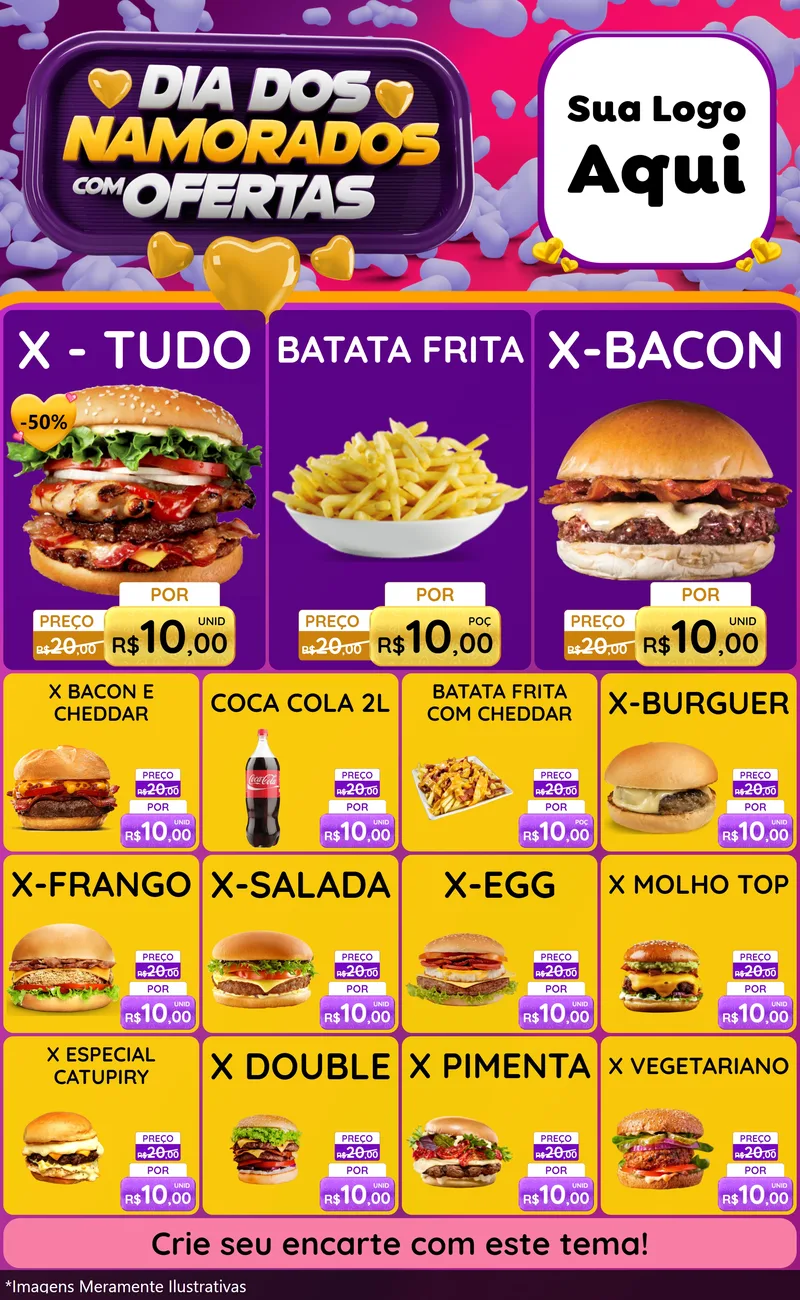 Modelo de Encarte para Encarte Grande com o tema Dia Dos Namorados Com Ofertas para Hamburgueria