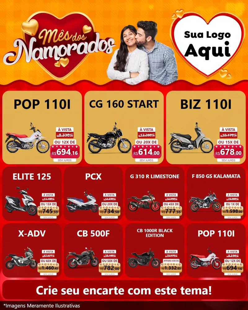 Modelo de Rede Social para Feed Instagram com o tema Mês dos Namorados para Concessionaria de Motos