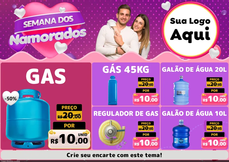 Modelo de Encarte para Encarte A4 Horizontal com o tema Semana dos Namorados para Água e gás