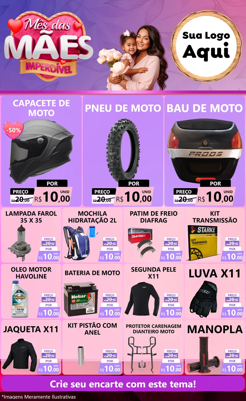 Modelo de Encarte para Encarte Grande com o tema Mês das Mães Imperdível para Moto peças