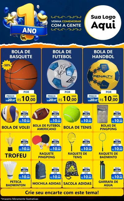 Modelo de Encarte para Encarte Grande com o tema Um Ano de Aniversário para Artigos Esportivos
