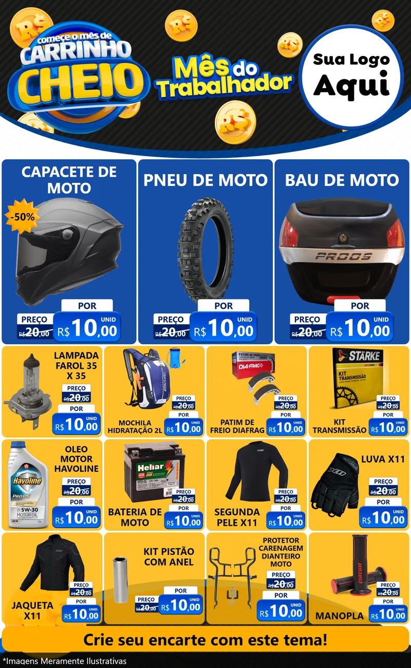 Modelo de Encarte para Encarte Grande com o tema Comece o Mês de Carrinho Cheio para Moto peças