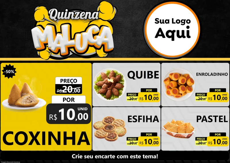 Modelo de Encarte para Encarte A4 Horizontal com o tema Quinzena Maluca para Salgadaria