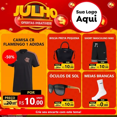 Modelo de Rede Social para Feed Facebook com o tema Julho Ofertas Imbatíveis para Roupas e acessórios