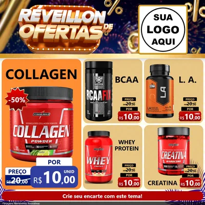 Modelo de Rede Social para Feed Facebook com o tema Réveillon de Ofertas para Suplementos alimentares