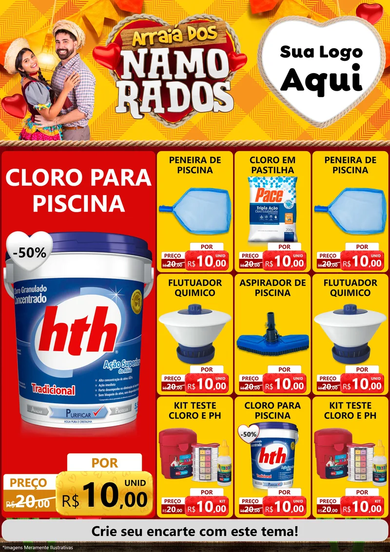 Modelo de Encarte para Encarte A4 Vertical com o tema Arraiá dos Namorados para Produtos para Piscina