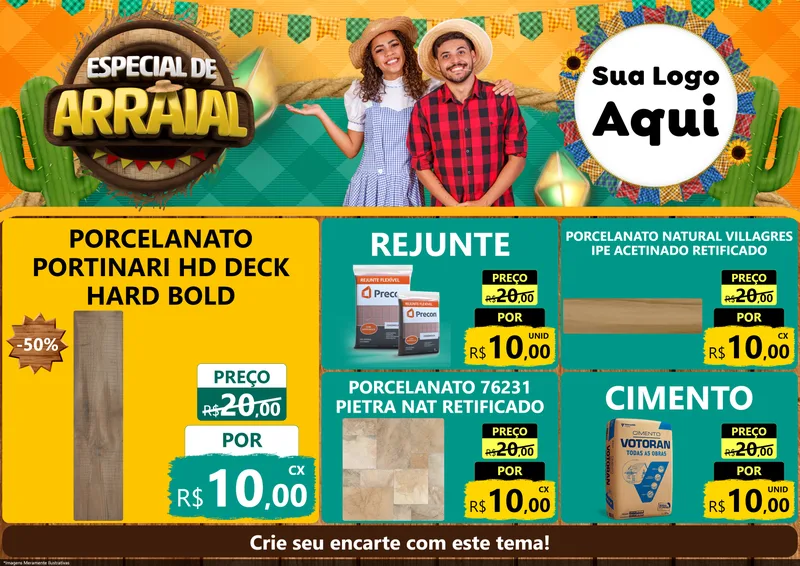 Modelo de Encarte para Encarte A4 Horizontal com o tema Especial De Arraial para Pisos e revestimentos