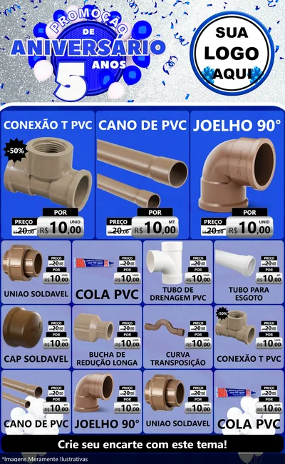 Modelo de Encarte para Encarte Grande com o tema Promoção de Aniversário - 5 Anos para Tubos e conexões