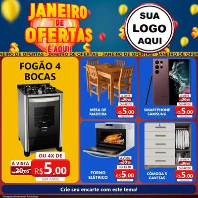 Modelo de Rede Social para Feed Facebook com o tema Janeiro de Ofertas É Aqui! para Móveis e Eletro