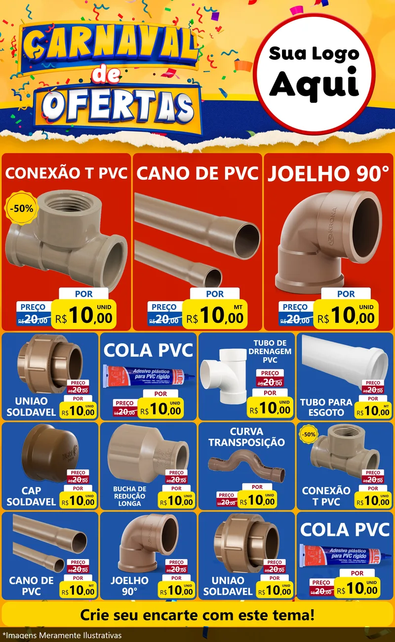 Modelo de Encarte para Encarte Grande com o tema Carnaval de Ofertas para Tubos e conexões