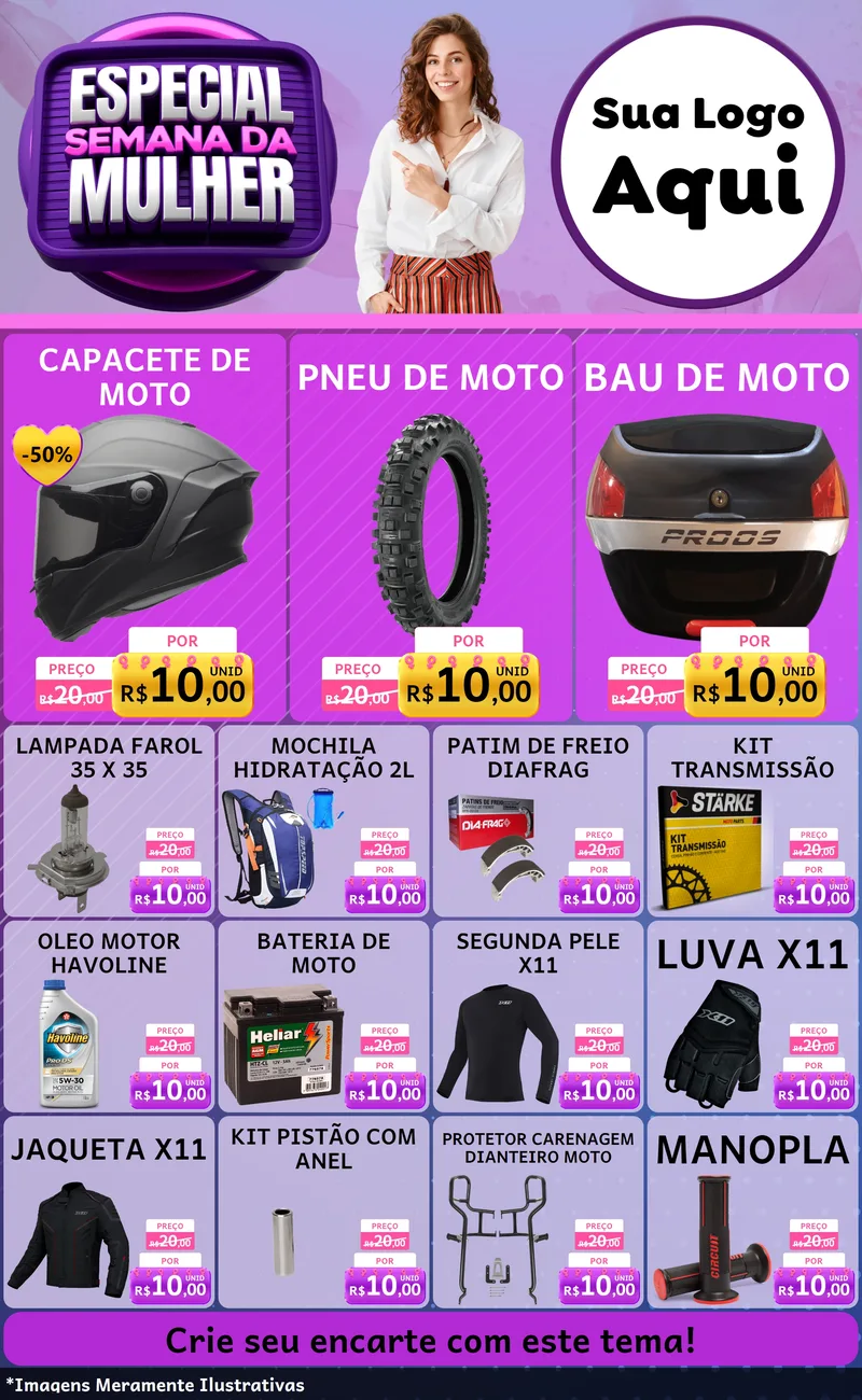 Modelo de Encarte para Encarte Grande com o tema Especial Semana da Mulher para Moto peças