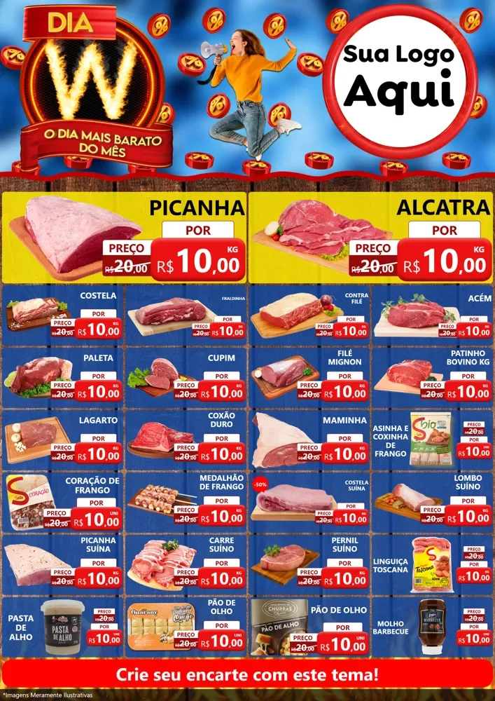 Modelo de Encarte para Encarte A4 Vertical com o tema Dia W - O Dia Mais Barato Do Mês para Açougue