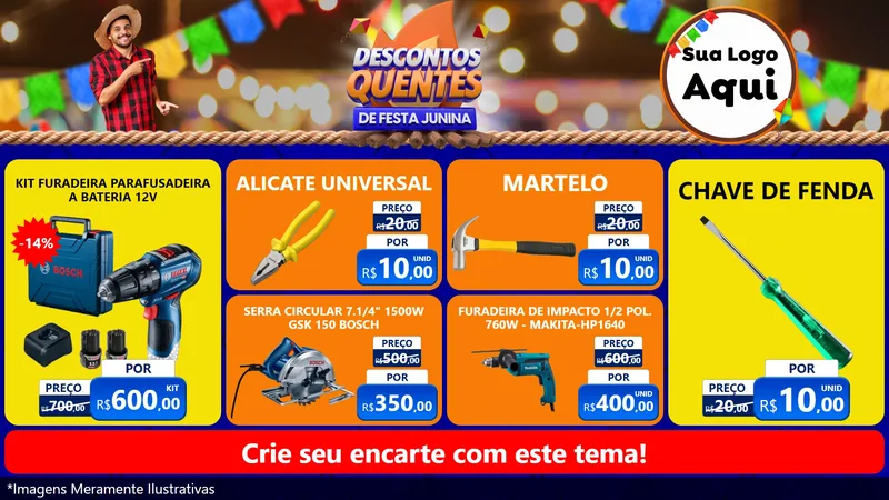 Modelo de TV para TV Horizontal com o tema Descontos Quentes de Festa Junina para Maquinas e Ferramentas