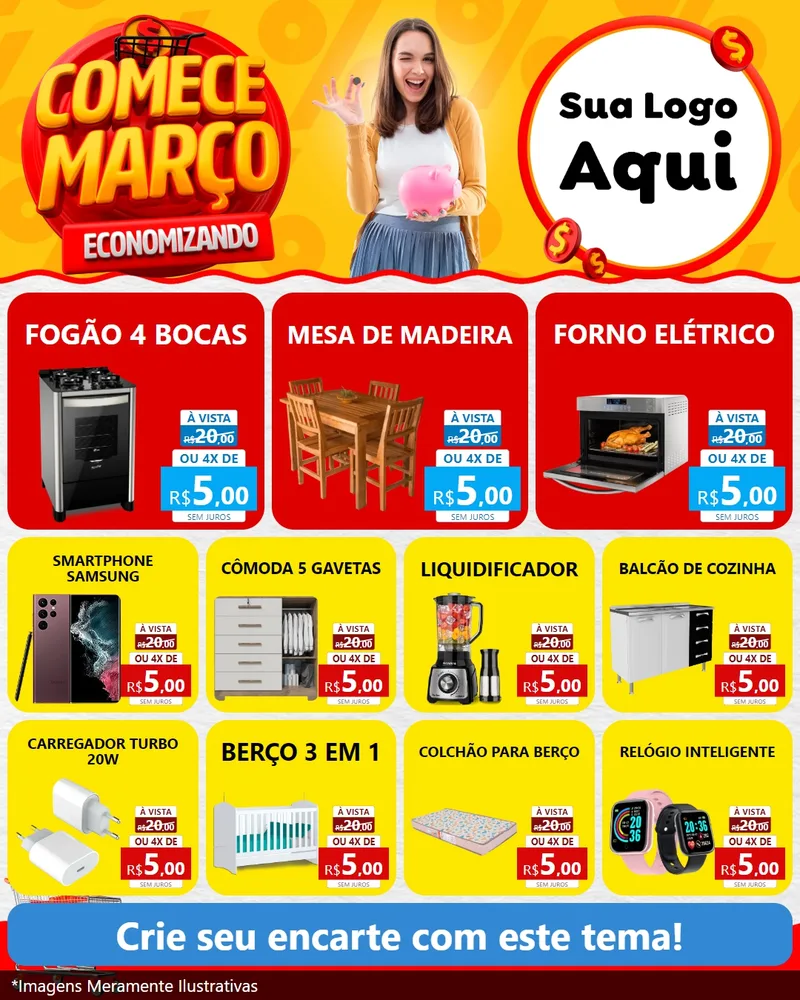 Modelo de Rede Social para Feed Instagram com o tema Comece Março Economizando para Móveis e Eletro