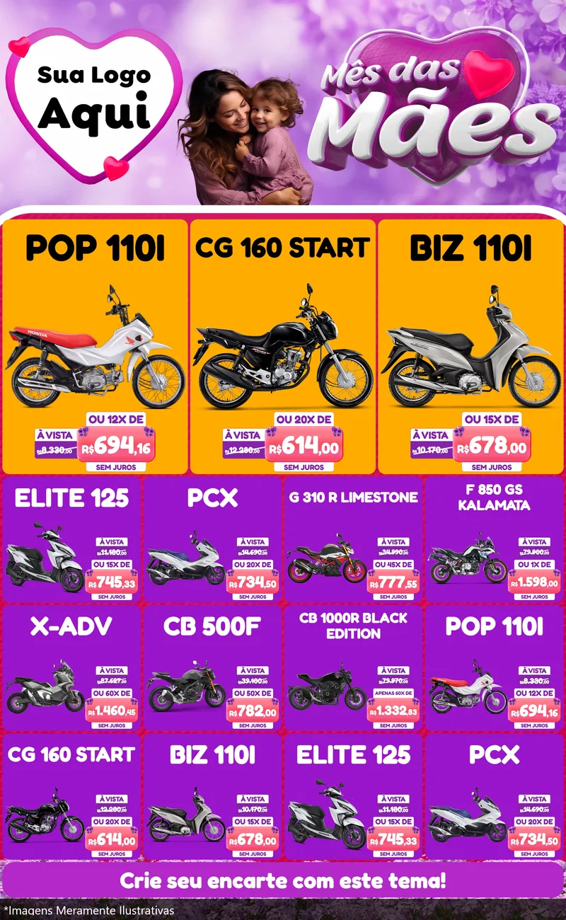 Modelo de Encarte para Encarte Grande com o tema Mês das Mães para Concessionaria de Motos