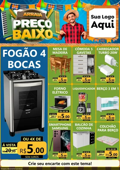 Modelo de Encarte para Encarte A4 Vertical com o tema Arraiá de Preço Baixo - Junina para Móveis e Eletro