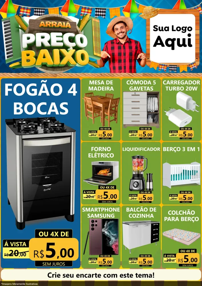 Modelo de Encarte para Encarte A4 Vertical com o tema Arraiá de Preço Baixo - Junina para Móveis e Eletro