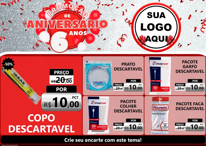 Modelo de Encarte para Encarte A4 Horizontal com o tema Promoção de Aniversário - 6 Anos para Embalagens