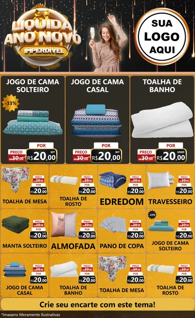 Modelo de Encarte para Encarte Grande com o tema Liquida Ano Novo Imperdível para Cama, Mesa e Banho
