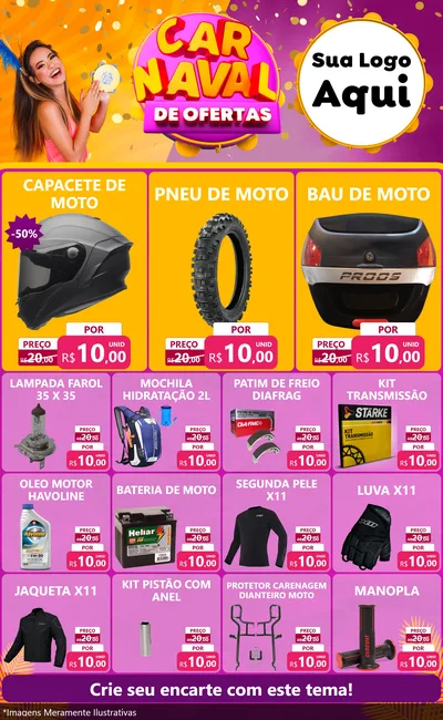 Modelo de Encarte para Encarte Grande com o tema Carnaval de Ofertas para Moto peças