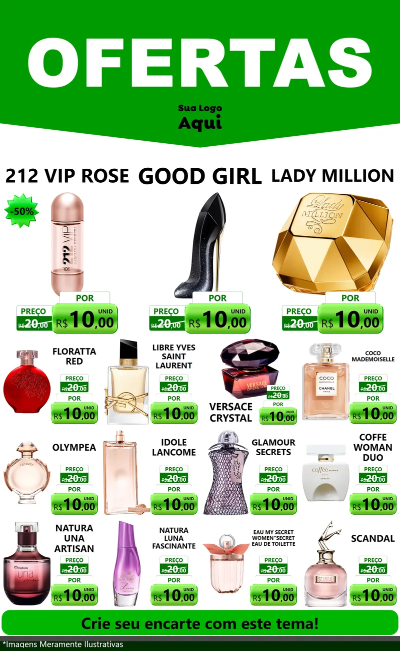 Modelo de Encarte para Encarte Grande com o tema Ofertas Verde Cartaz para Perfumes