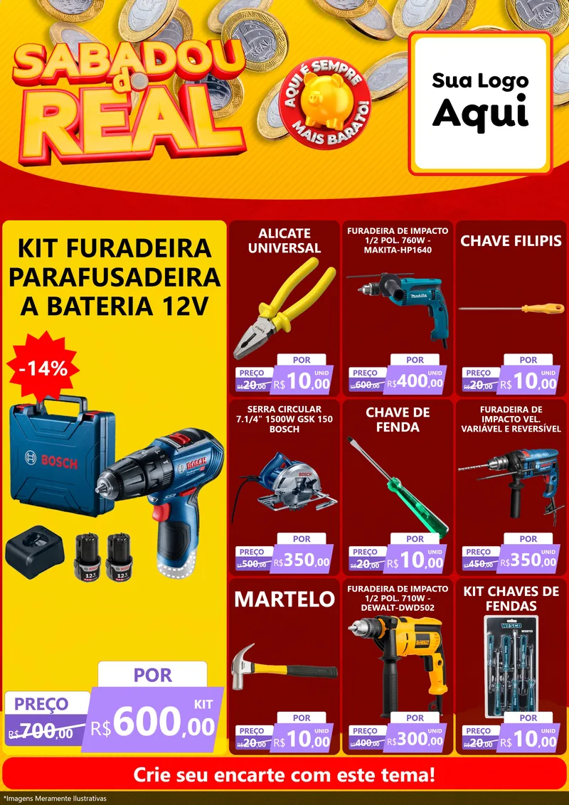 Modelo de Encarte para Encarte A4 Vertical com o tema Sabadou do Real para Maquinas e Ferramentas