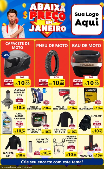Modelo de Encarte para Encarte Grande com o tema Abaixa Preço em Janeiro para Moto peças