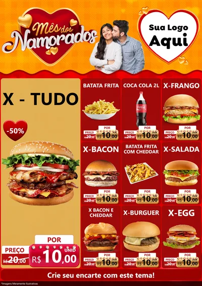 Modelo de Encarte para Encarte A4 Vertical com o tema Mês dos Namorados para Hamburgueria