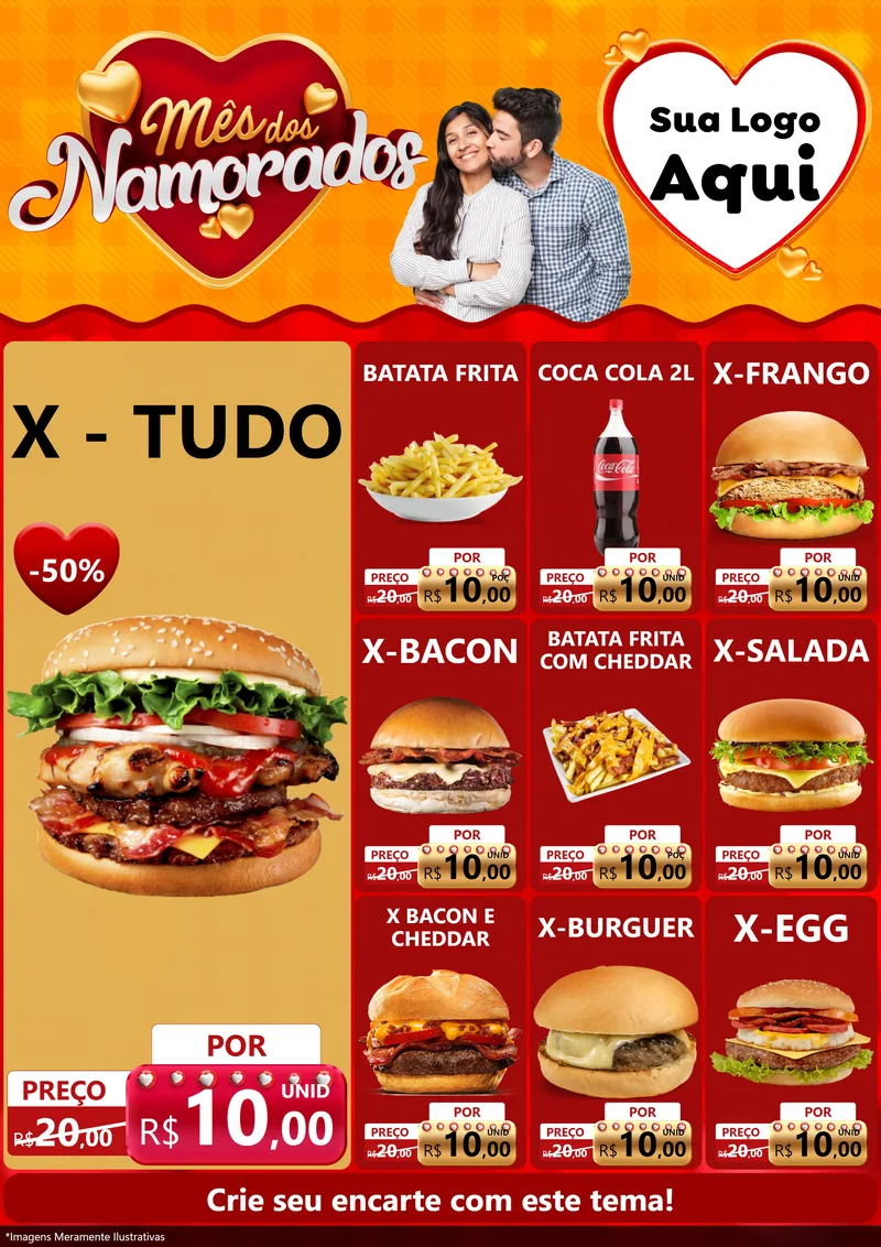 Modelo de Encarte para Encarte A4 Vertical com o tema Mês dos Namorados para Hamburgueria