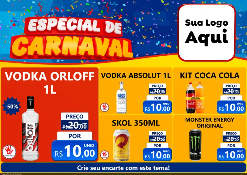 Modelo de Encarte para Encarte A4 Horizontal com o tema Especial de Carnaval para Distribuidora de bebidas