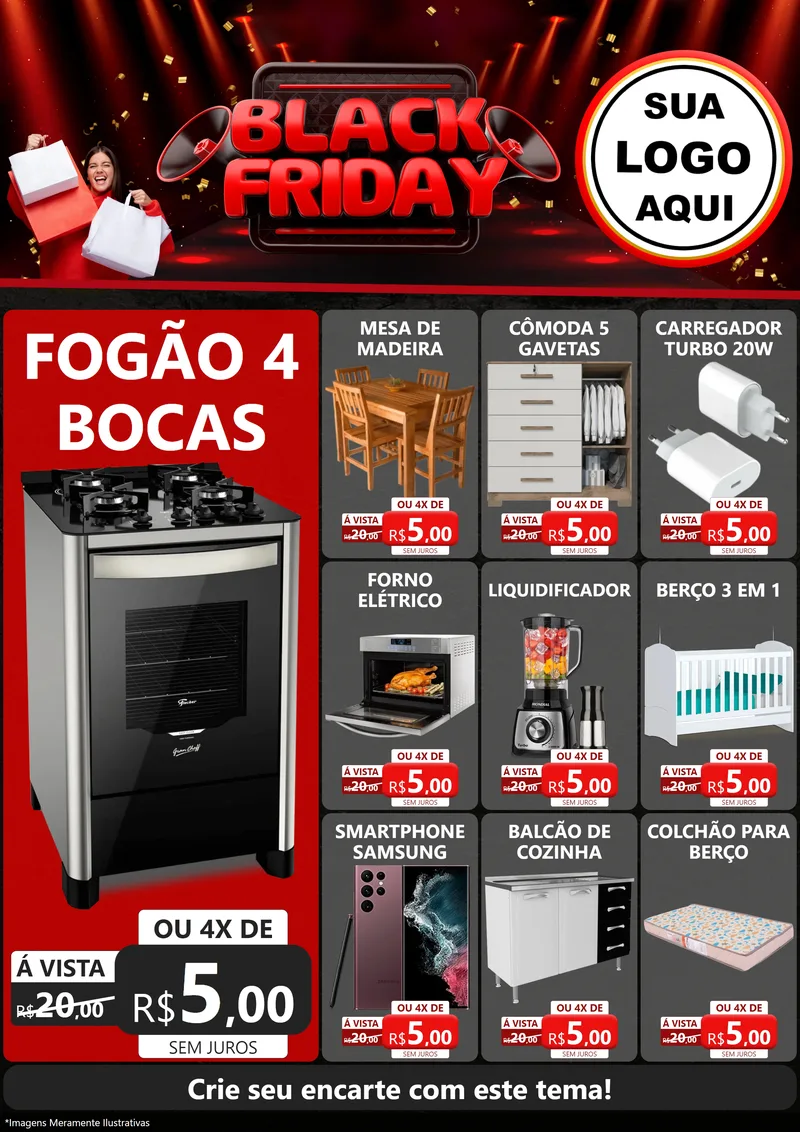 Modelo de Encarte para Encarte A4 Vertical com o tema Black Friday para Móveis e Eletro