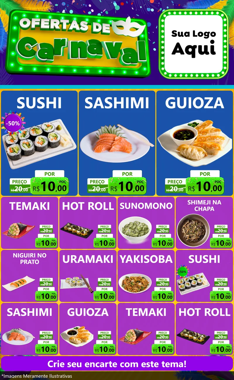 Modelo de Encarte para Encarte Grande com o tema Ofertas de Carnaval para Comida japonesa