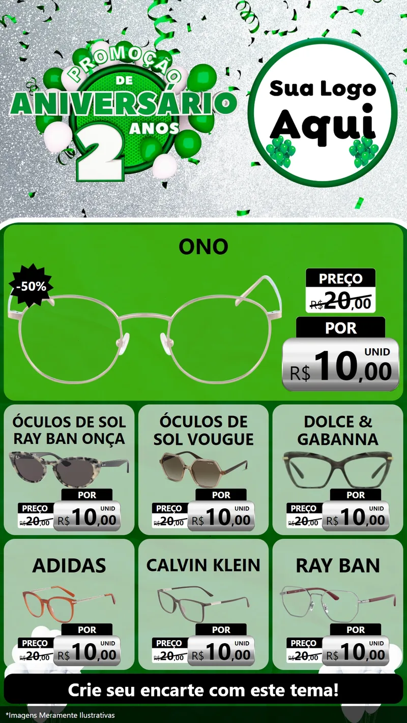 Modelo de Rede Social para Stories com o tema Promoção de Aniversário - 2 Anos para Óticas