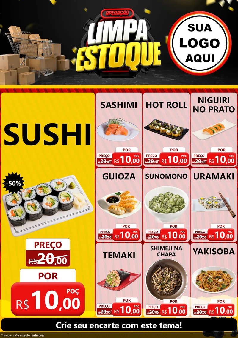 Modelo de Encarte para Encarte A4 Vertical com o tema Operação Limpa Estoque para Comida japonesa