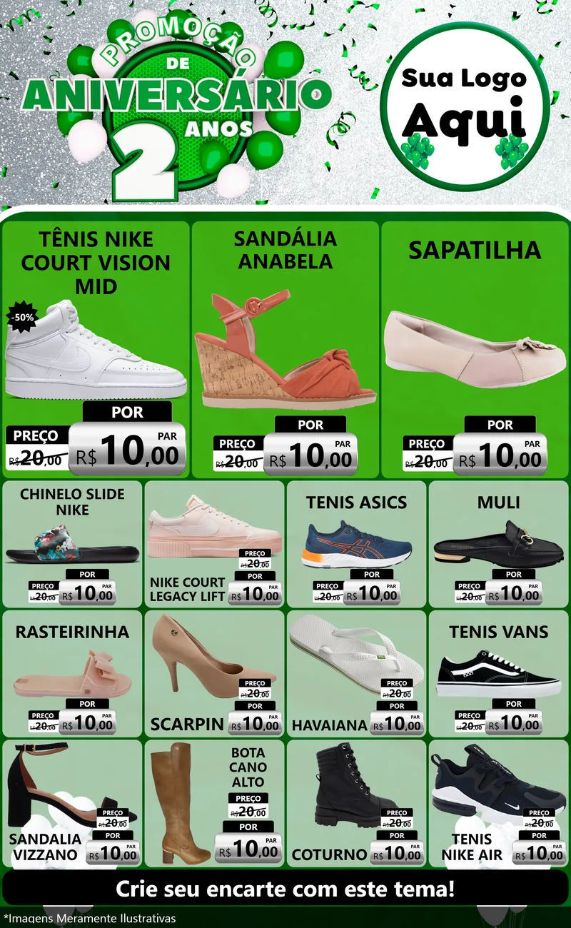 Modelo de Encarte para Encarte Grande com o tema Promoção de Aniversário - 2 Anos para Calçados